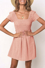 Fashion Casual Solid Patchwork Square Collar Pleated Dresses(3 Colors)