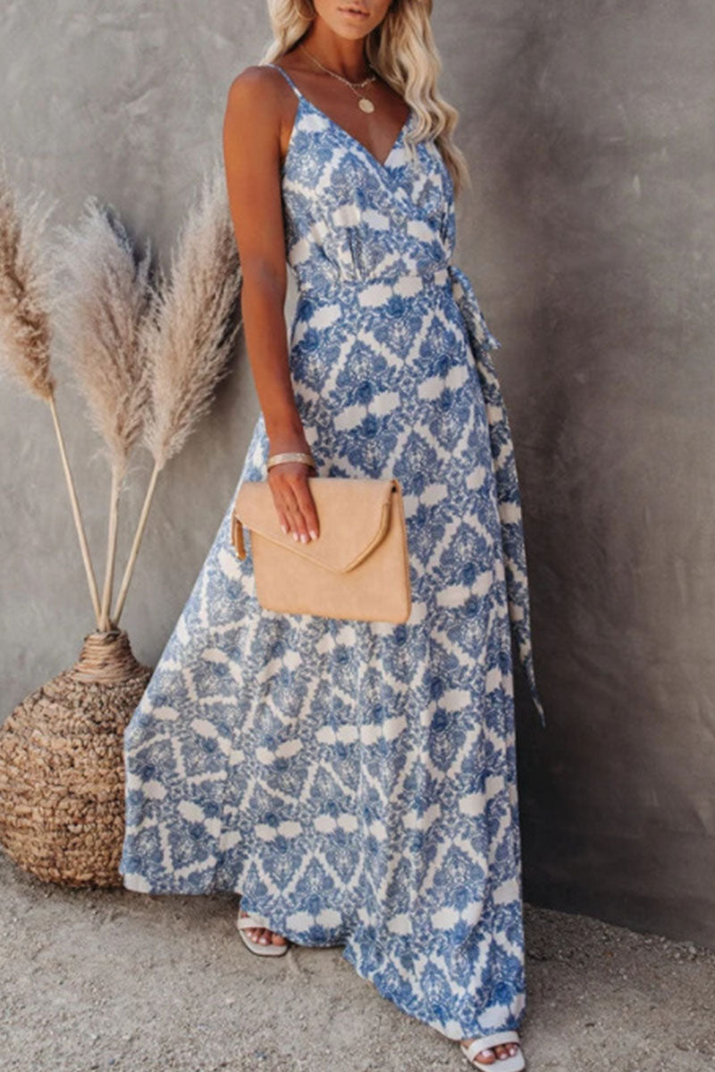 Fashion Bohemian Print Frenulum V Neck A Line Maxi Dresses