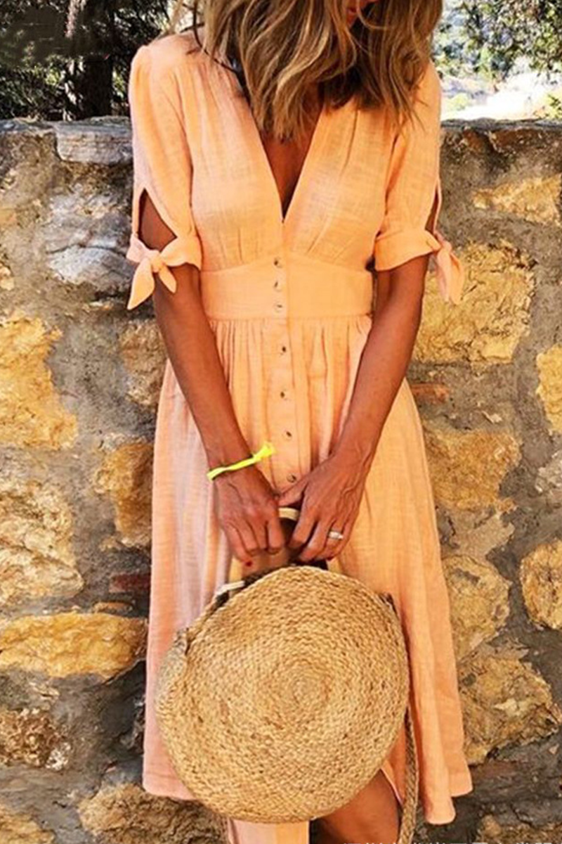 Casual Elegant Buckle Knotted V Neck Dresses(4 Colors)