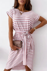 Casual Striped Split Joint O Neck Irregular Midi Dresses
