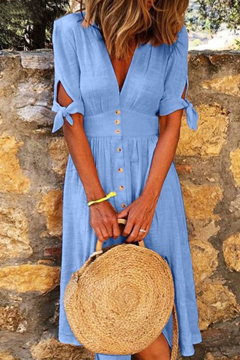 Fashion Casual Solid Patchwork V Neck A Line Dresses