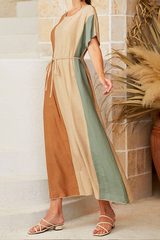 Casual Color Lump With Belt  Contrast O Neck Dresses