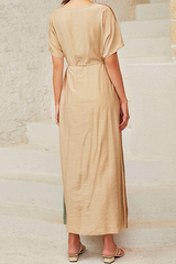 Casual Color Lump With Belt  Contrast O Neck Dresses