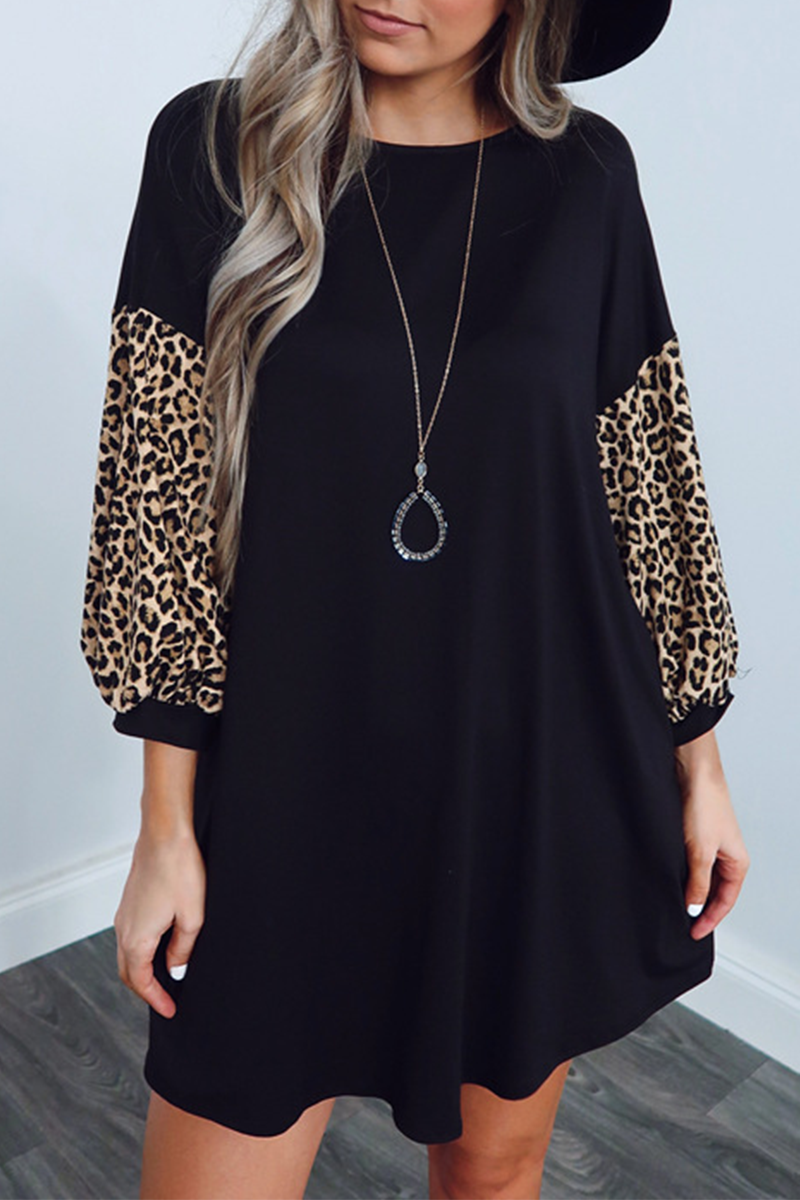 Casual Leopard Split Joint O Neck A Line Dresses