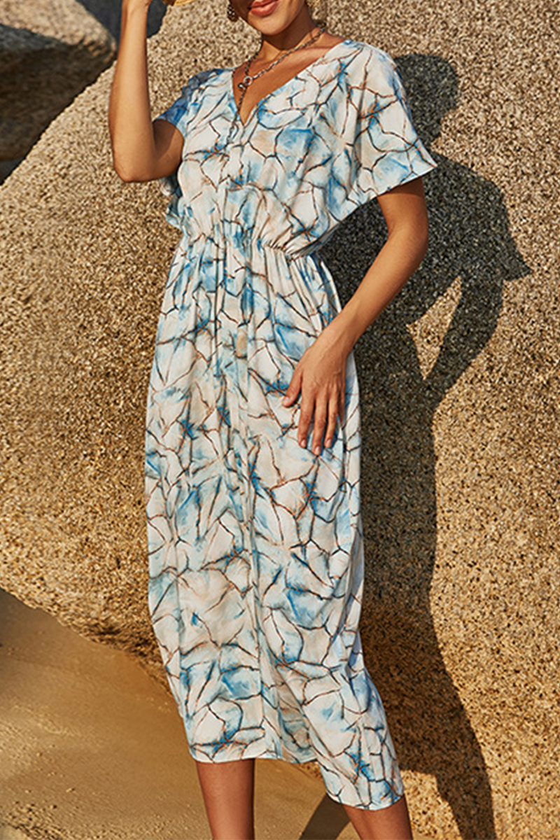 Casual Print Slit V Neck Waist Skirt Dresses