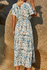 Casual Print Slit V Neck Waist Skirt Dresses