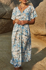 Casual Print Slit V Neck Waist Skirt Dresses