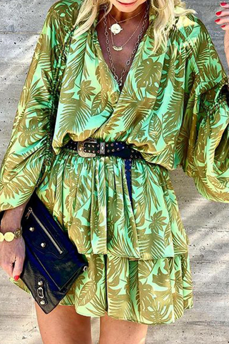 Casual Print Split Joint V Neck Cake Skirt Dresses