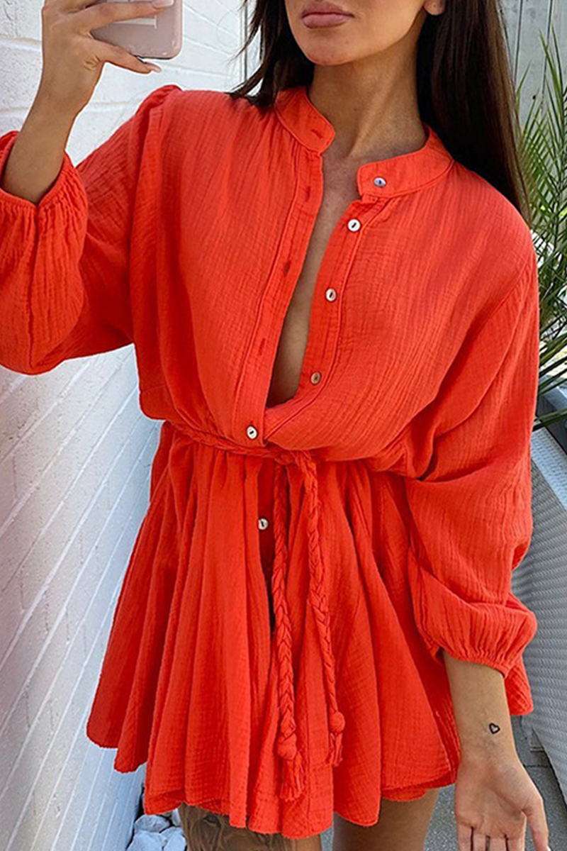 Button O Neck Long Sleeve Shirt Mini Dress