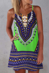Vintage Print Patchwork Spaghetti Strap Straight Dresses
