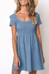 Fashion Casual Solid Patchwork Square Collar Pleated Dresses(3 Colors)