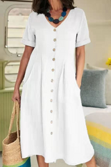 Casual Solid Buckle V Neck Straight Dresses(5 Colors)