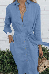 Casual Solid Pocket Frenulum Turndown Collar Shirt Dress Dresses