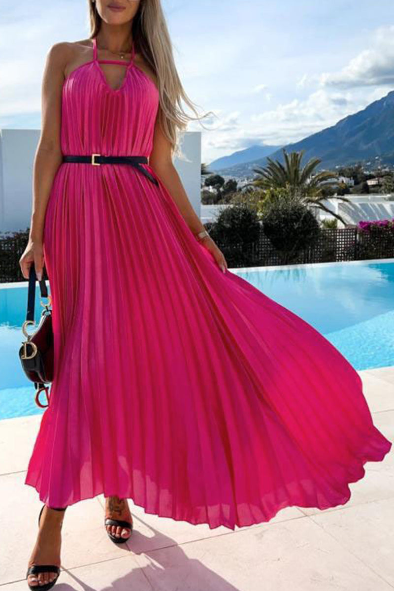 Sweet Elegant Solid Fold With Belt Solid Color Halter Princess Dresses(5 Colors)