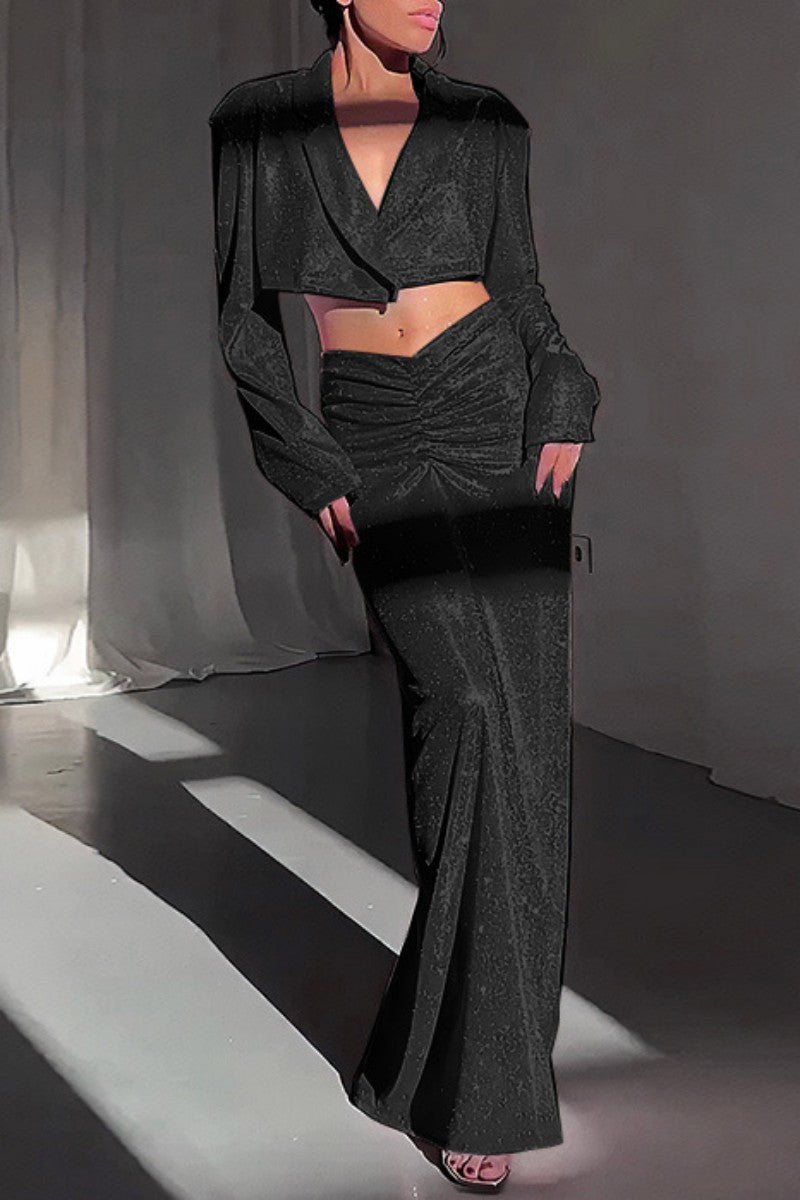 Casual Solid Patchwork Turndown Collar Long Sleeve Two Pieces