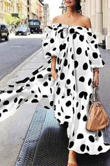 Street Elegant Polka Dot Printing Off the Shoulder Printed Dress Dresses