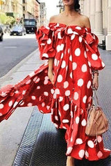 Street Elegant Polka Dot Printing Off the Shoulder Printed Dress Dresses