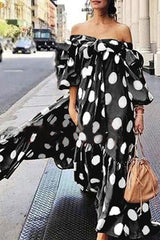 Street Elegant Polka Dot Printing Off the Shoulder Printed Dress Dresses