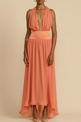 Sexy Vacation Solid Frenulum Backless V Neck Beach Dress Dresses