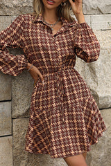 Elegant Plaid Frenulum Turndown Collar Long Sleeve Dresses