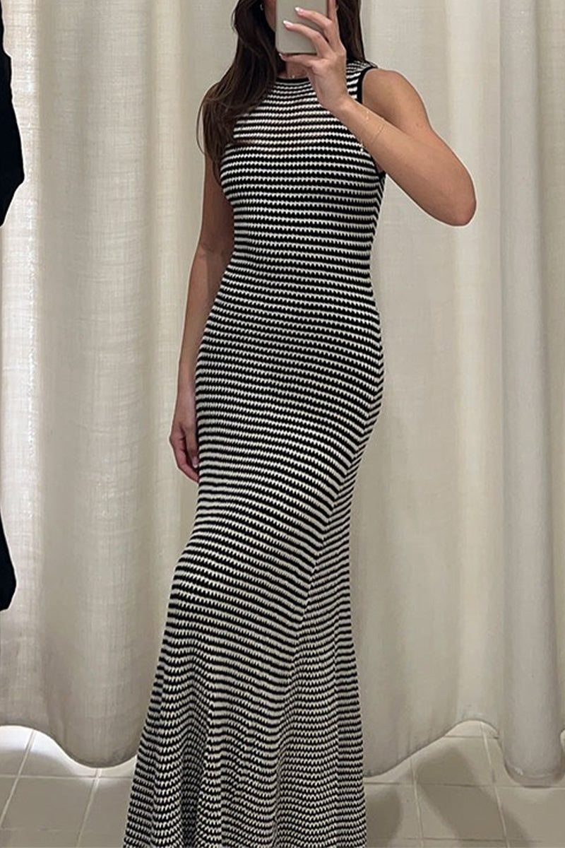 Sexy Vacation Plaid Hollowed Out O Neck Beach Dresses