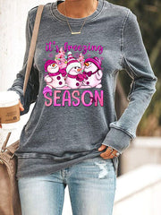 It's Freeging Season Pink Snowman Print Casual Sweatshirt