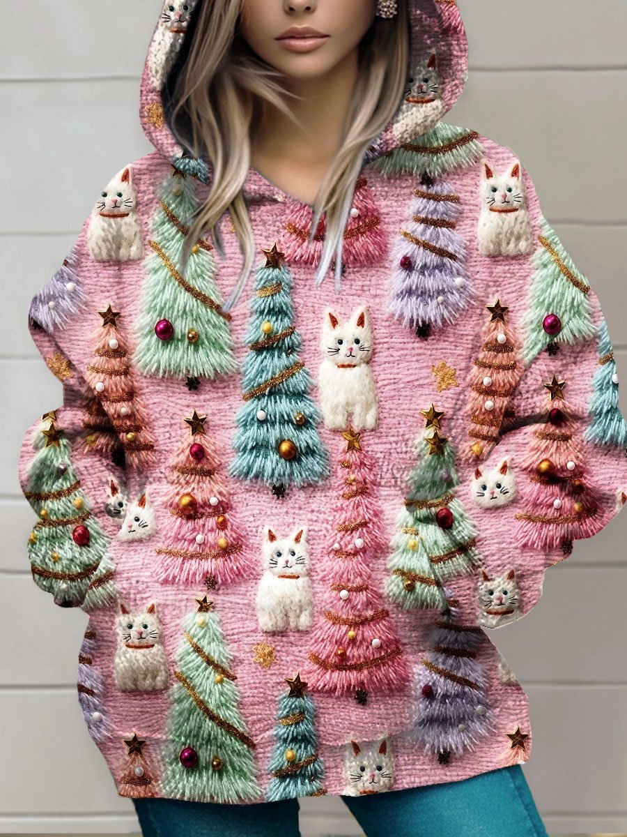 Vintage Cute Cat Christmas Tree Print Knit Pullover Hooded Sweater