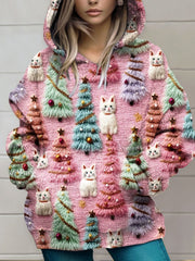 Vintage Cute Cat Christmas Tree Print Knit Pullover Hooded Sweater
