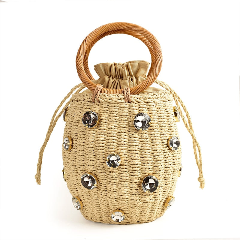 Rhinestone Crystal Embellished Straw Bag