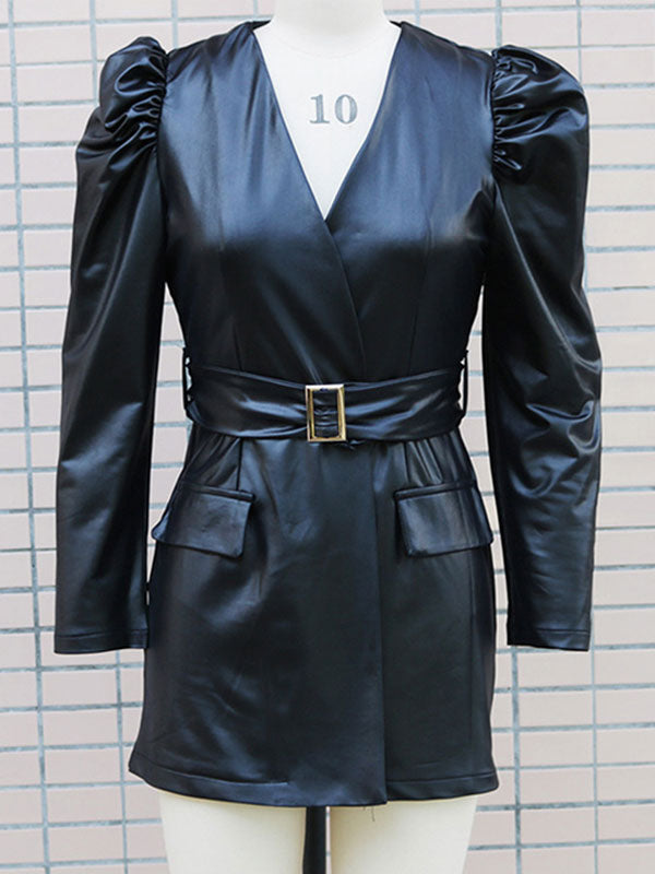 Burgundy Long Sleeves Sash PU Leather Short Mini Dress