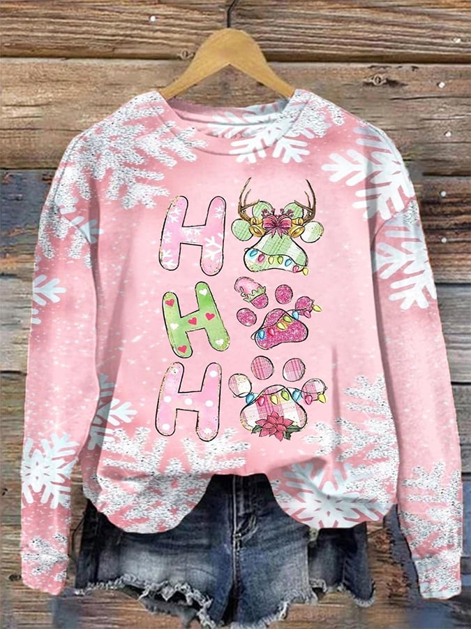Casual Paw Ho Ho Ho Snowflake Print Long Sleeve Sweatshirt
