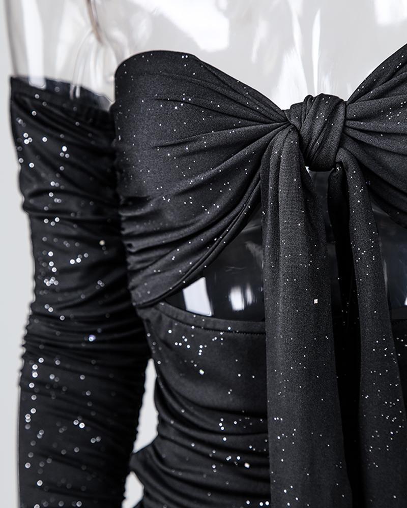 Glitter Off Shoulder Ruched Bodycon Dress