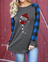 Christmas Hat Wine Plaid Splicing Long Sleeve Blouse