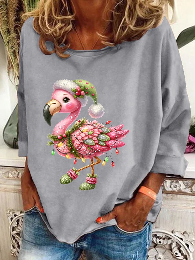 Christmas Loose Flamingo Printed Top