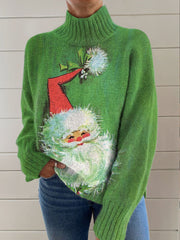Vintage Christmas Print Knit Turtleneck Pullover Sweater