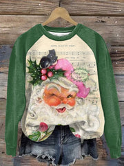 Pink Santa Christmas Music Roses Print Crew Neck Sweatshirt