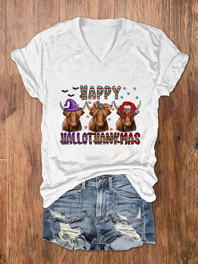 Happy Hallothanksmas Funny Cows Print V-Neck T-Shirt