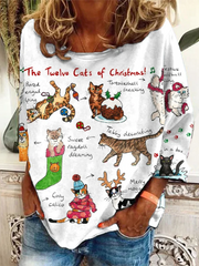 The Twelve Cats Of Christmas Pattern Print Long Sleeve T-Shirt