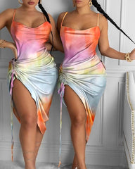 Tie Dye Print Drawstring Ruched Party Dress