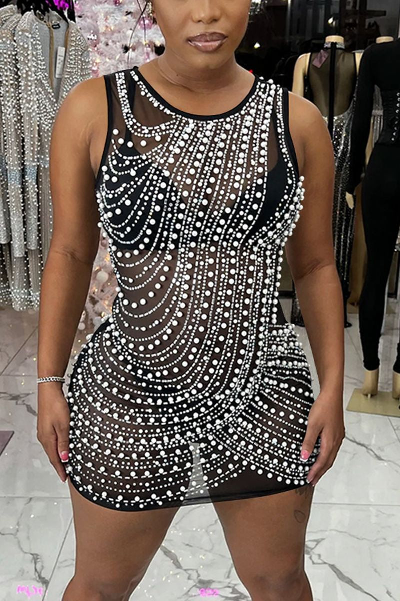 Contrast Mesh Rhinestone & Faux Pearls Decor Bodycon Dress
