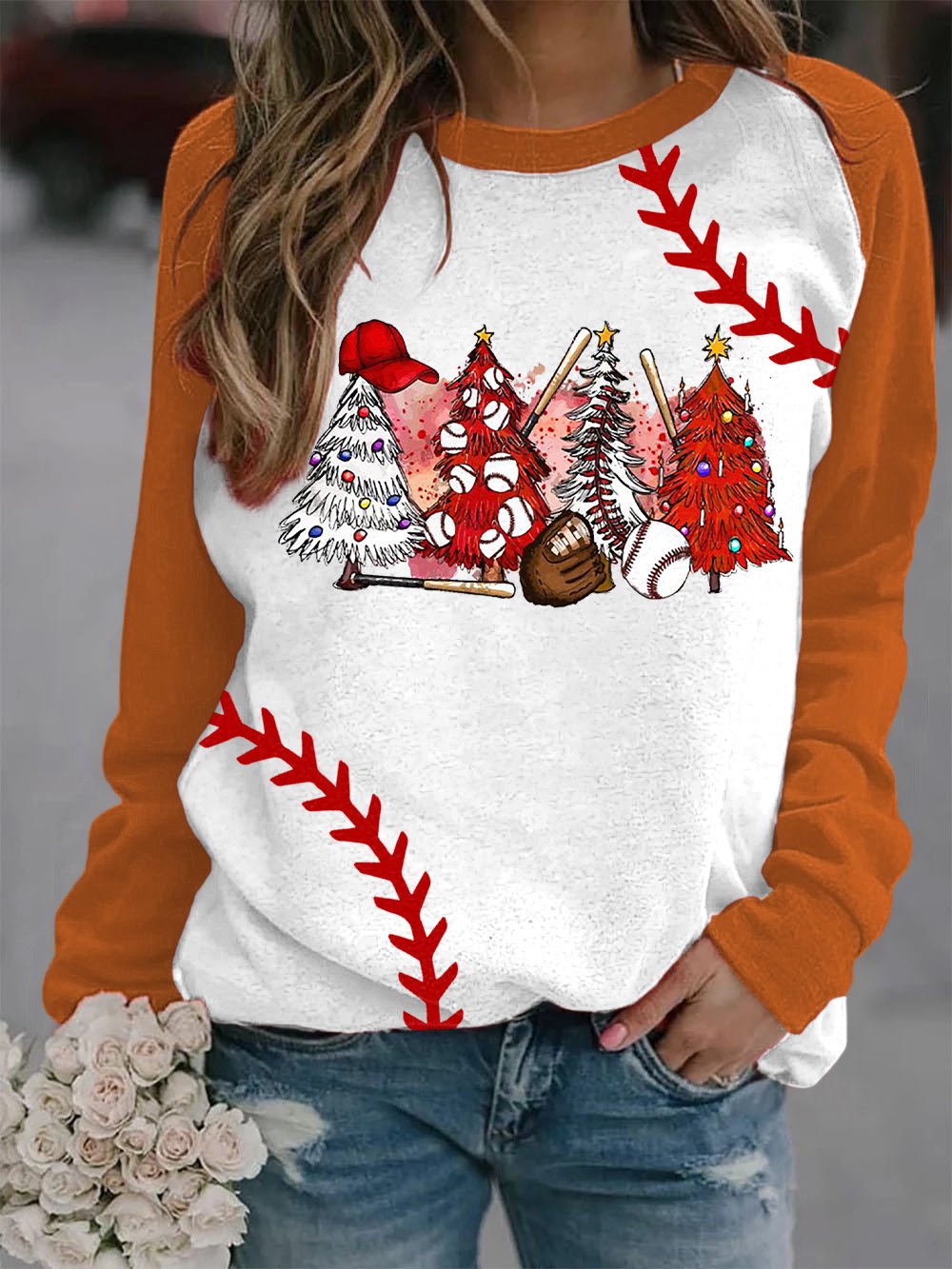 Merry Christmas Baseball Print Long Sleeve Top