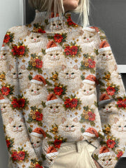 Lovely Christmas Cats Art Print Knit Turtleneck Pullover Sweater