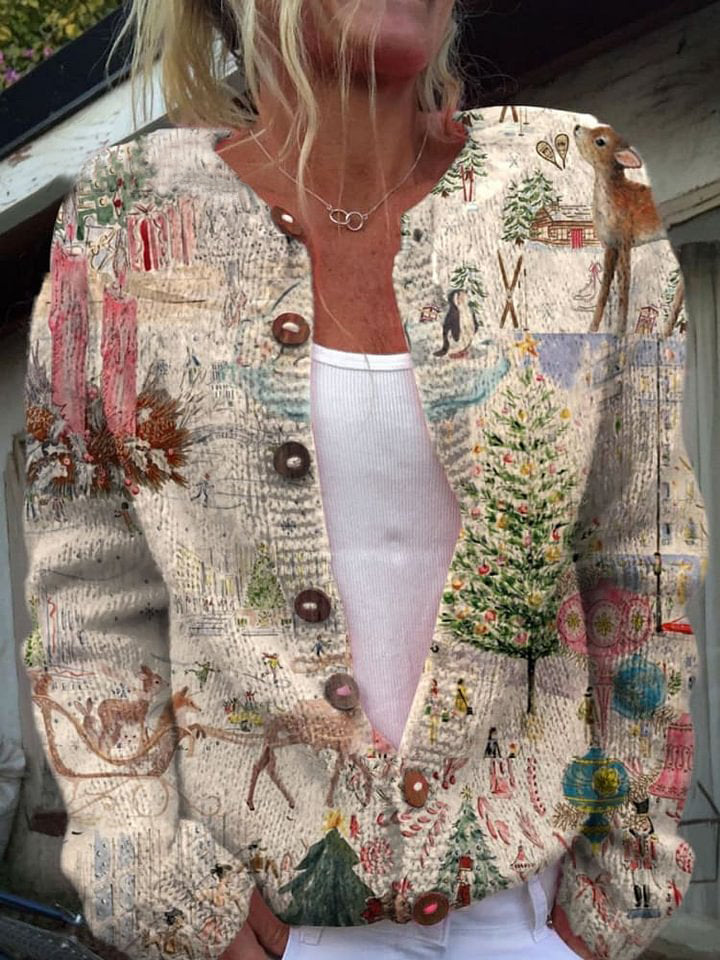 Vintage Christmas Print Buttoned Cardigan Sweater