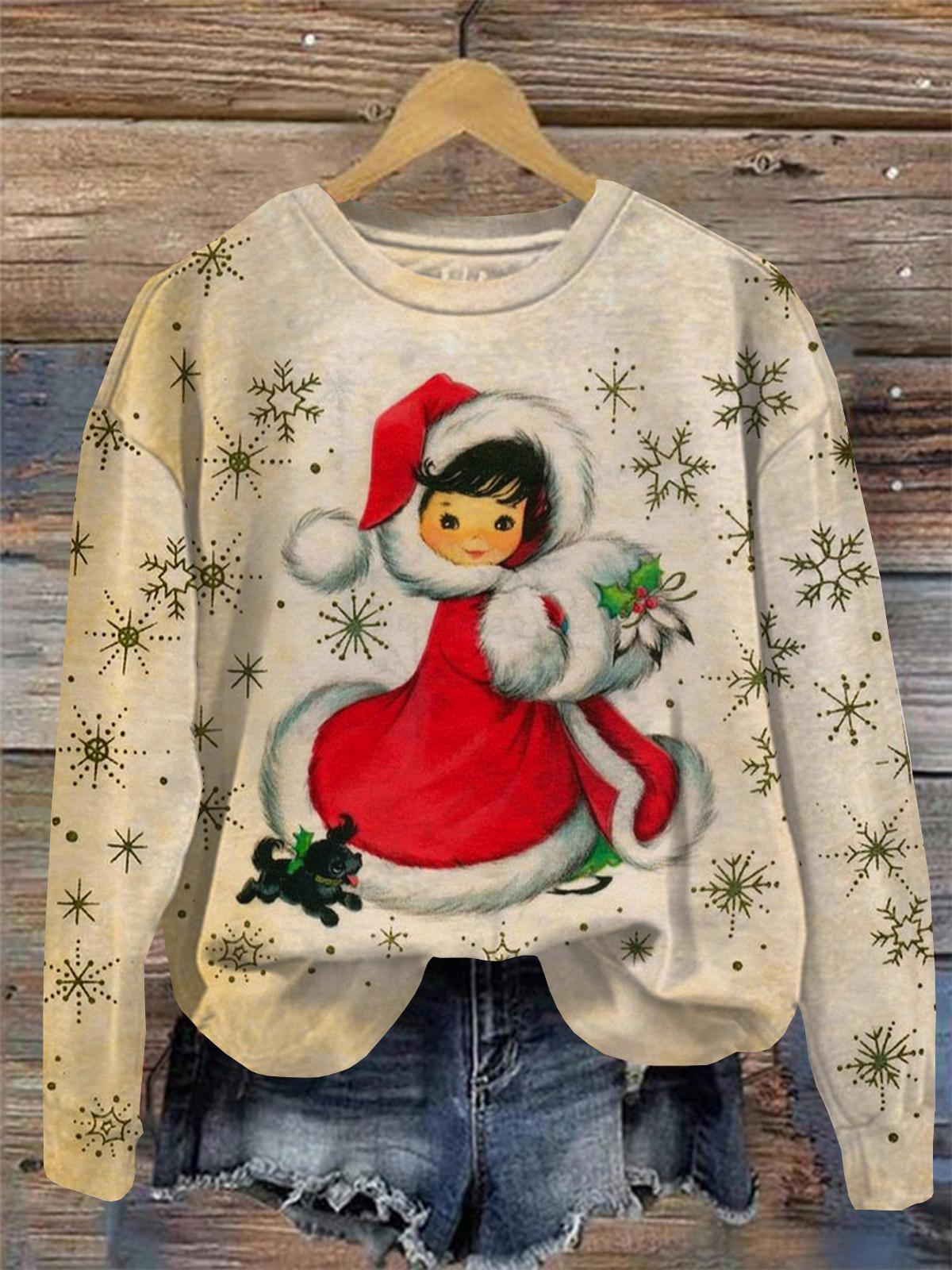 Vintage Christmas Girl Snowflake Round Neck Long Sleeve Top