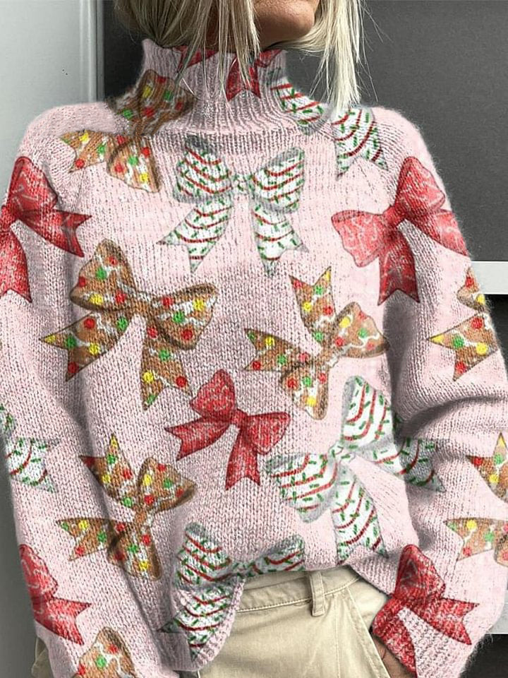 Vintage Pink Christmas Bow Art Print Knit Turtleneck Pullover Sweater