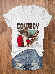 Cowboy Christmas Santa Print V-Neck T-Shirt