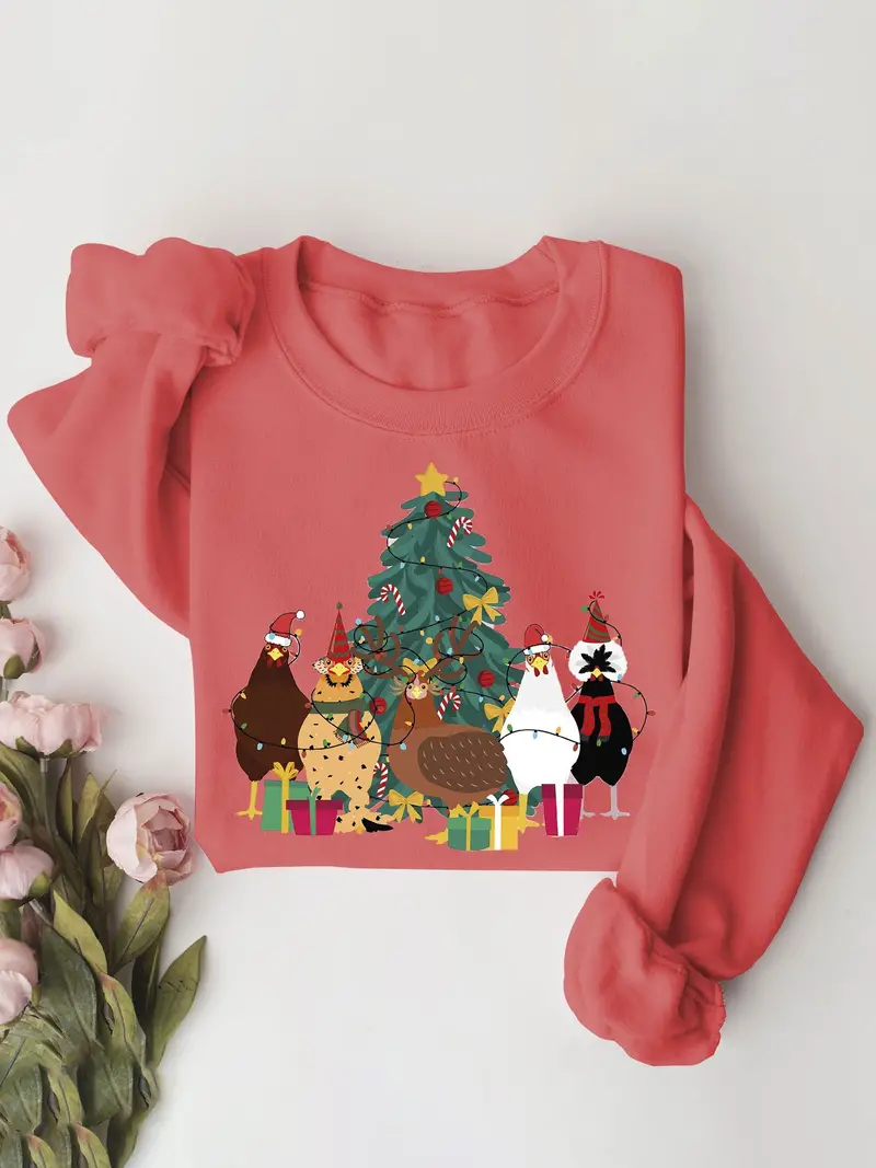 Christmas Chicken Print Pullover Sweatshirt
