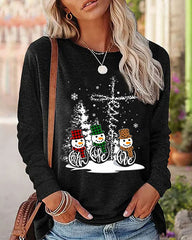 Christmas Snowman Casual Long Sleeve Crew Neck Loose Top