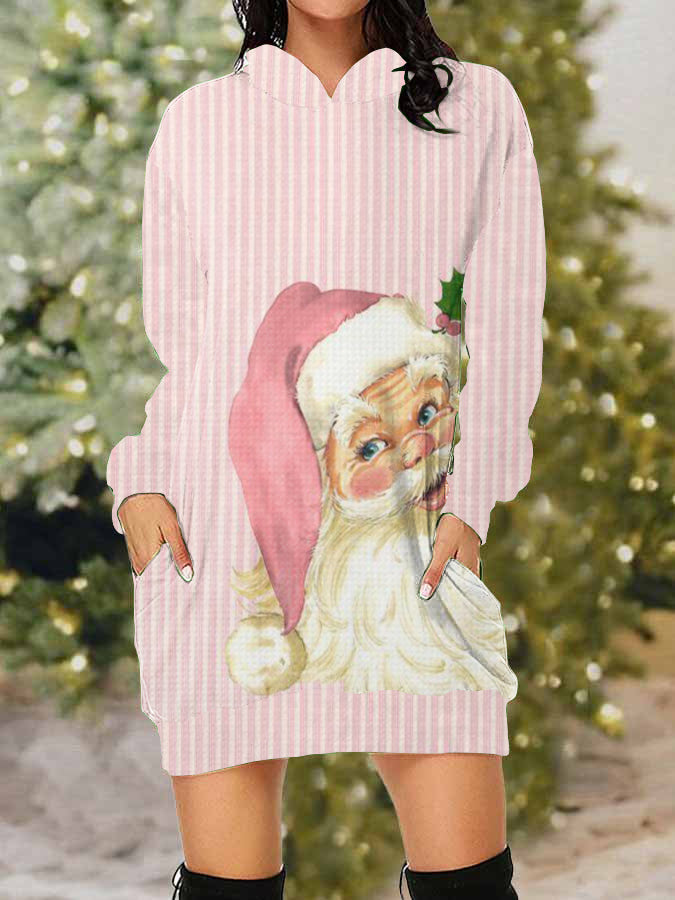 Pink Christmas Santa Claus Print Hooded Sweatshirt Dress