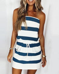 Bandeau Pocket Design Drawstring Striped Dress
